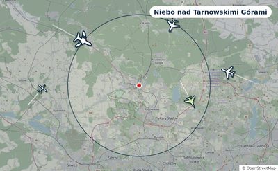 Mapa okolic miasta z sylwetkami samolotów — Niebo nad Tarnowskimi Górami na żywo