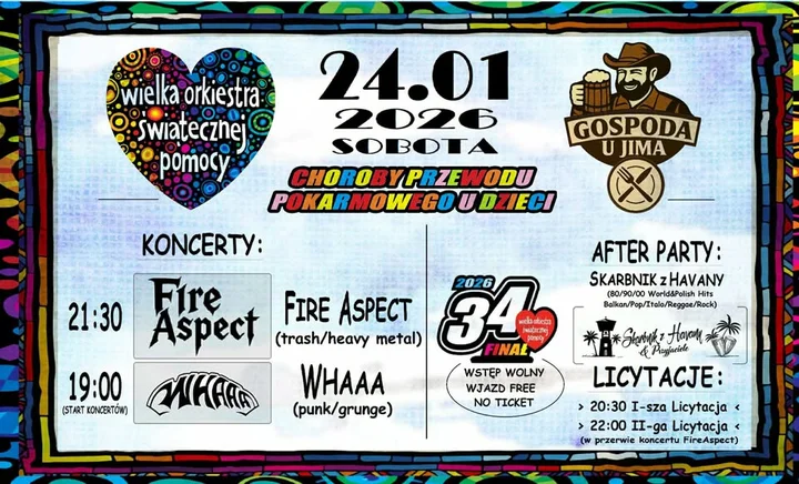 Grafika promocyjna wydarzenia 34. Finał WOŚP w Gospodzie u Jima — Whaaa, Fire Aspect i Skarbnik z Havany