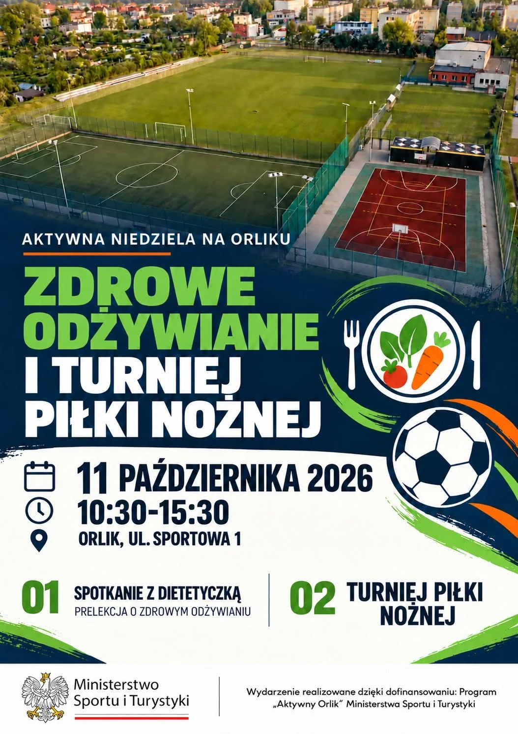 Grafika promocyjna wydarzenia Aktywna niedziela na Orliku – zdrowe odżywianie i turniej piłki nożnej