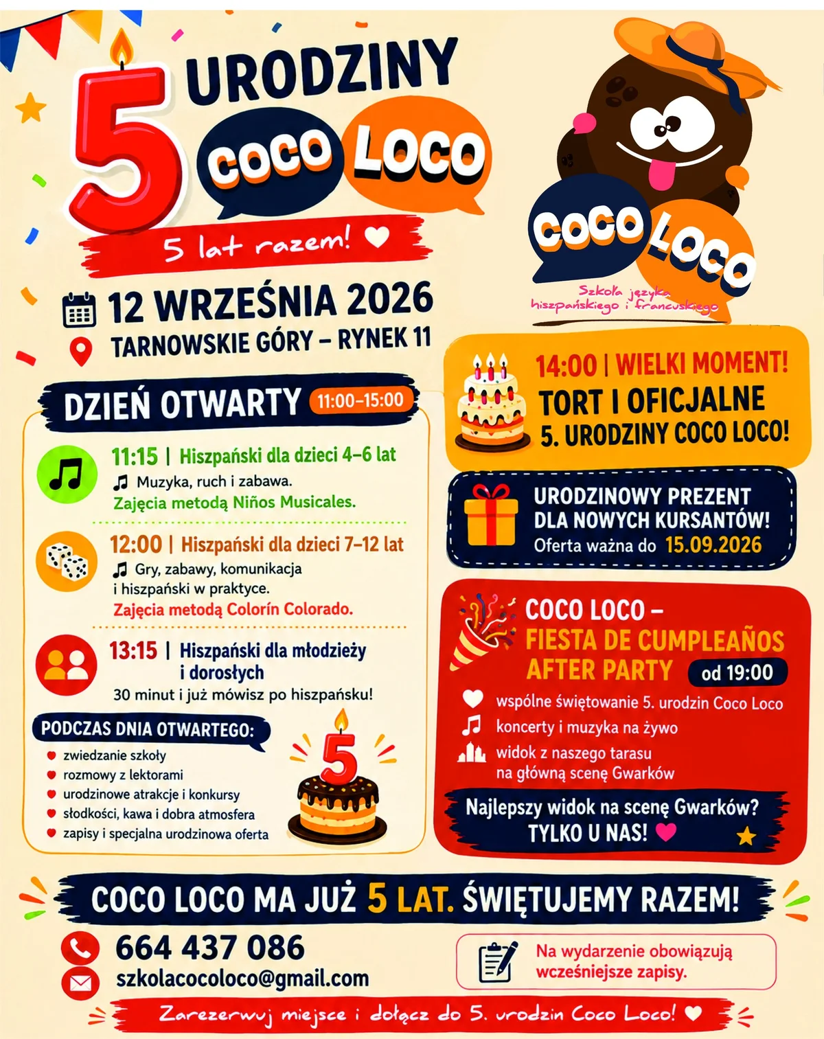 Grafika promocyjna wydarzenia Coco Loco – 5. urodziny szkoły