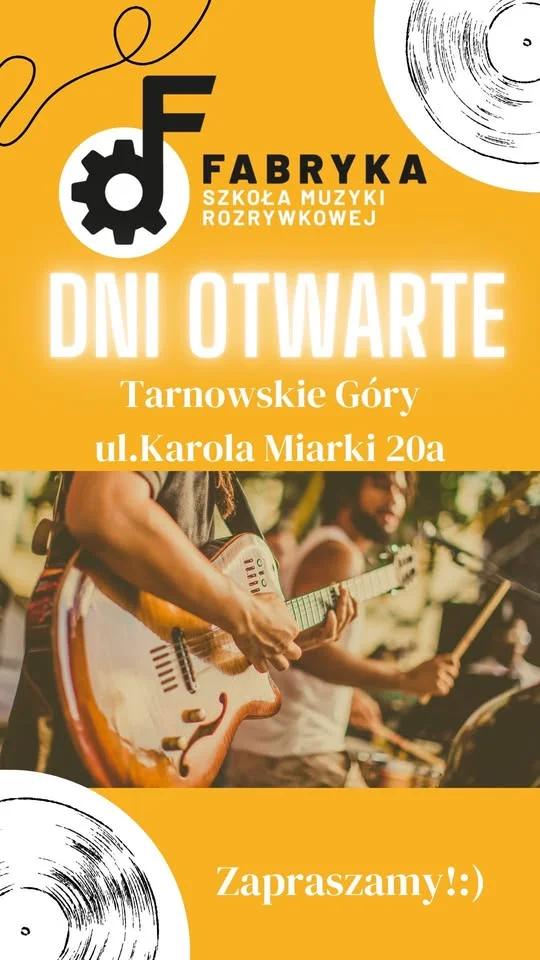 Obrazek przedstawia grafikę promocyjną wydarzenia Dzień otwarty w Szkole Muzyki Rozrywkowej Fabryka w Tarnowskich Górach