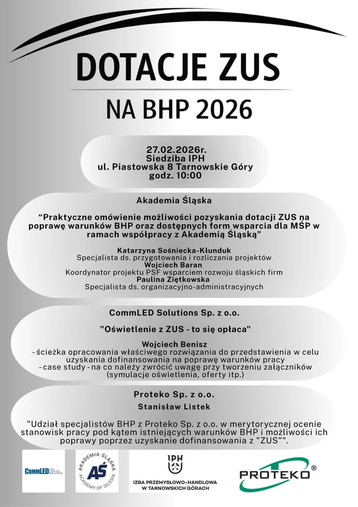Grafika promocyjna wydarzenia Dotacje ZUS na BHP 2026 – bezpłatne spotkanie dla przedsiębiorców