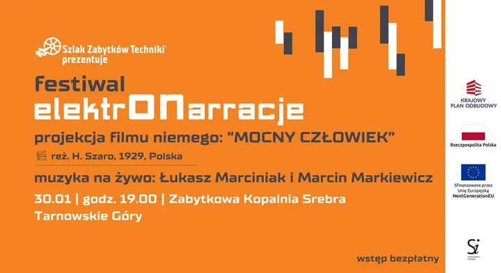 Grafika promocyjna wydarzenia Festiwal ElektrONarracje w Zabytkowej Kopalni Srebra, Tarnowskie Góry