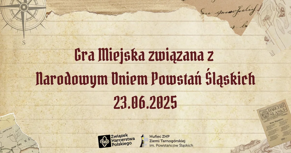 Grafika promocyjna wydarzenia Gra Miejska dla uczniów i harcerzy w Tarnowskich Górach