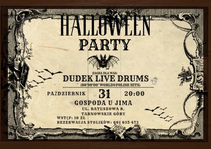 Grafika promocyjna wydarzenia Halloween Party w Gospodzie u Jima — DudekLiveDrums gra hity 80., 90., 00.
