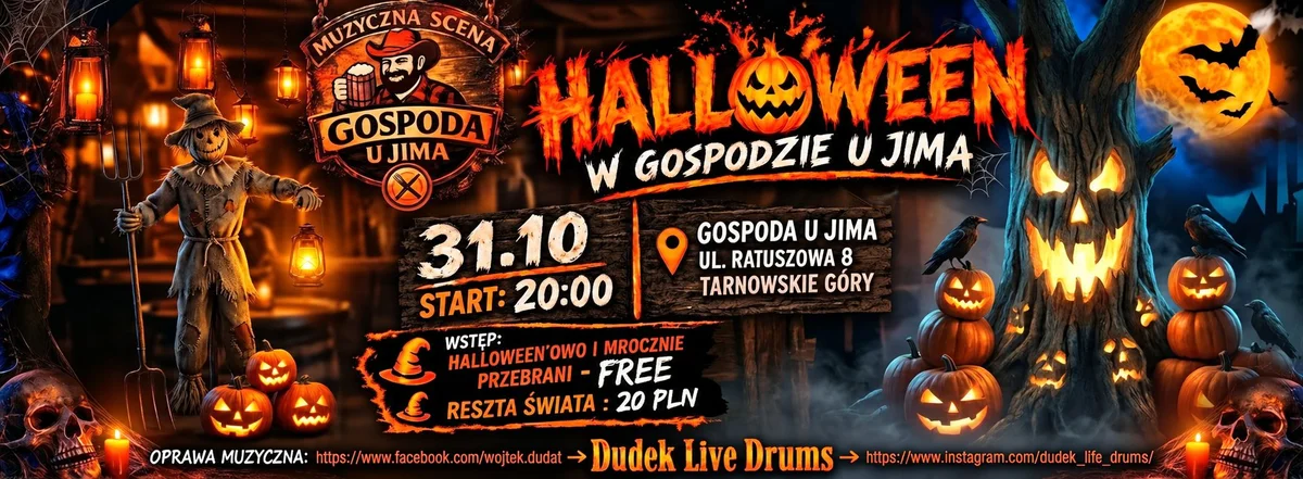 Grafika promocyjna wydarzenia Halloween w Gospodzie u Jima: mroczny wieczór