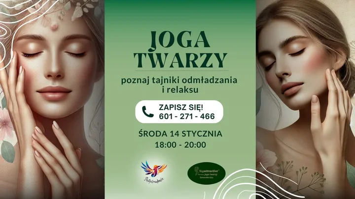 Grafika promocyjna wydarzenia Joga Twarzy (metoda Yogatwarzy) — warsztaty praktyczne w Tarnowskich Górach