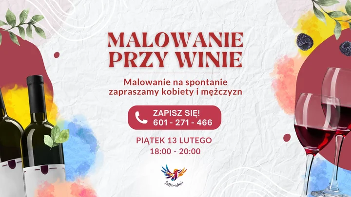 Grafika promocyjna wydarzenia Malowanie przy winie w Tarnowskich Górach — wieczór z pędzlem i kieliszkiem