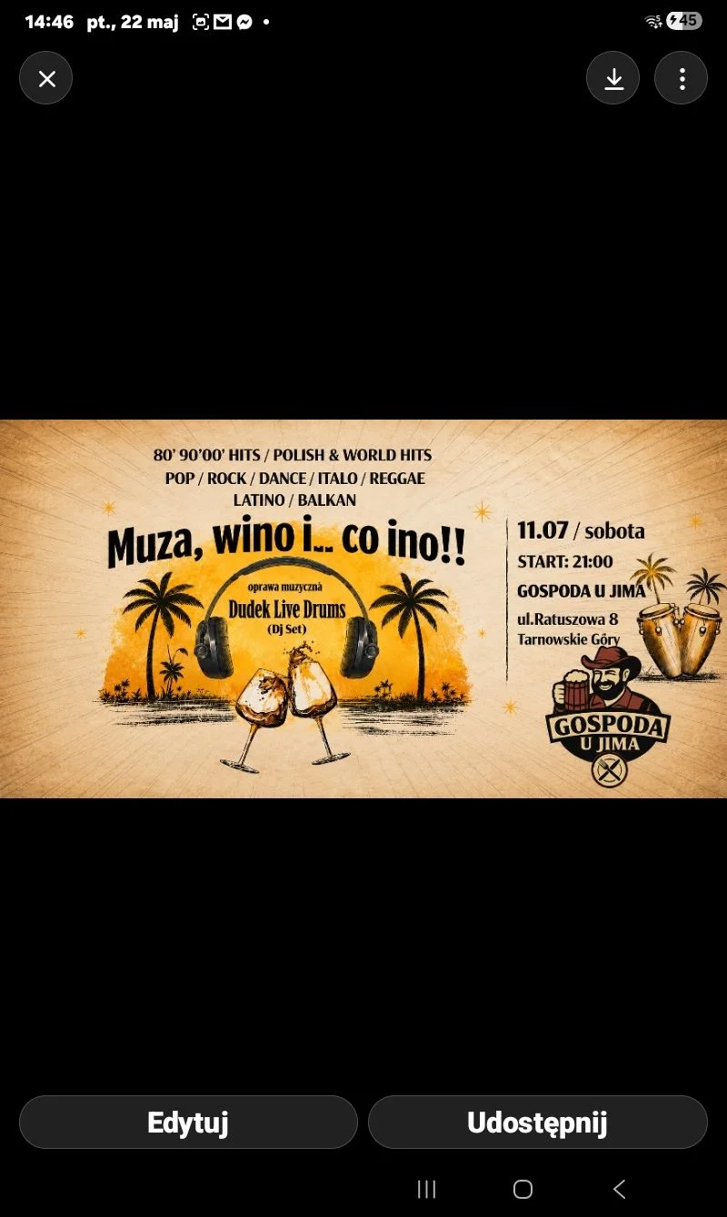 Grafika promocyjna wydarzenia Muza, wino i...co ino!! w Tarnowskich Górach: mocno tańcowana impreza z DJ setem DudekLiveDrums