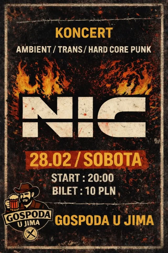 Grafika promocyjna wydarzenia N!C — koncert 28 lutego w Gospodzie u Jima (Tarnowskie Góry)