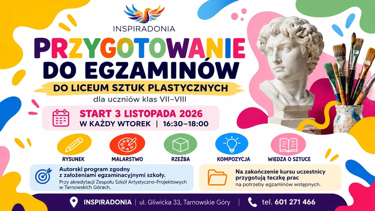 Grafika promocyjna wydarzenia INSPIRADONIA: egzaminy plastyczne