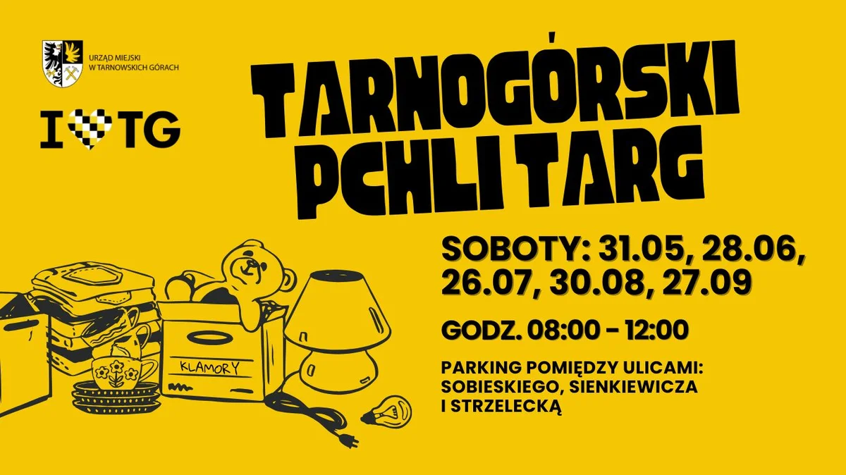 Grafika promocyjna wydarzenia Regularny Pchli Targ na ulicy Sienkiewicza w Tarnowskich Górach