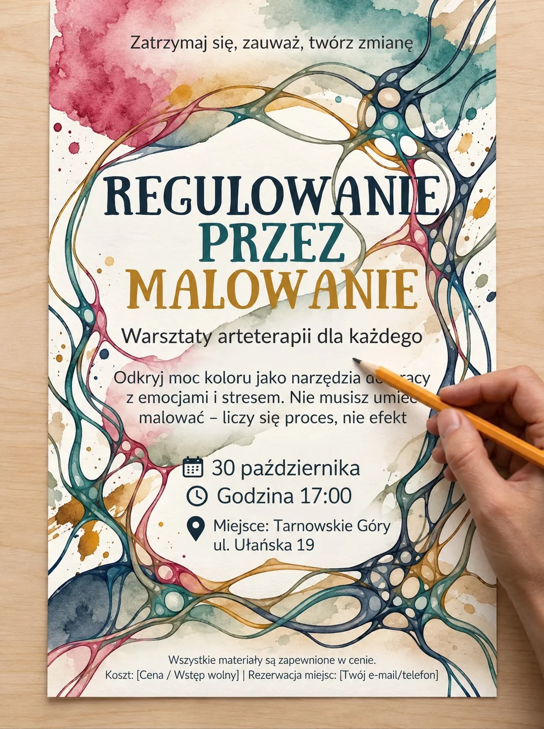 Grafika promocyjna wydarzenia Regulowanie przez malowanie: warsztaty arteterapii
