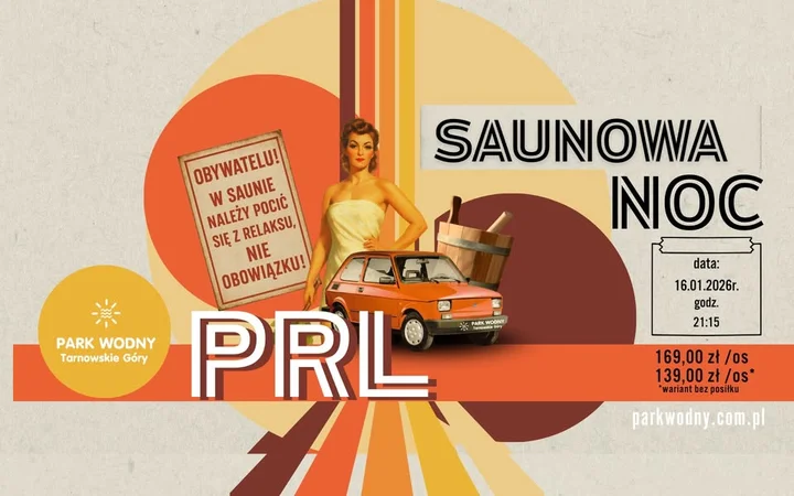 Grafika promocyjna wydarzenia Saunowa Noc - PRL: noc saunowa w klimacie minionej epoki