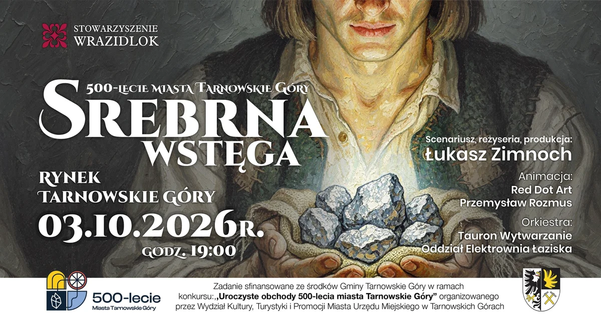 Grafika promocyjna wydarzenia SREBRNA WSTĘGA – mapping w Tarnowskich Górach