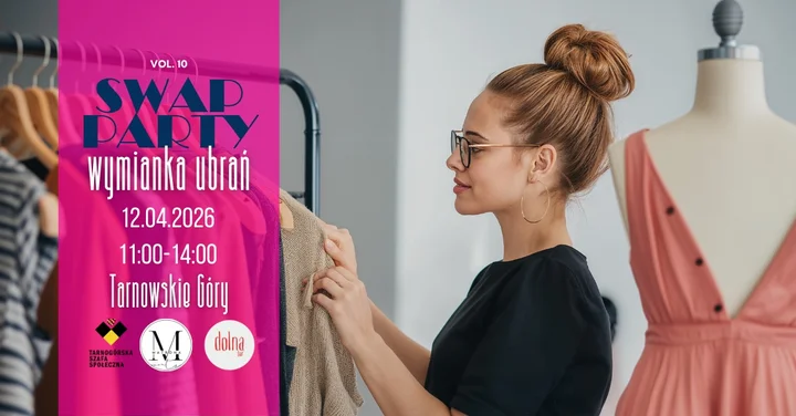 Grafika promocyjna wydarzenia SWAP PARTY KWIECIEŃ – wymiana ubrań w Tarnowskich Górach