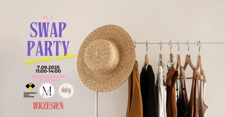 Obrazek przedstawia grafikę promocyjną wydarzenia Wymiana ubrań w Tarnowskich Górach – Swap Party, 7 września 2025
