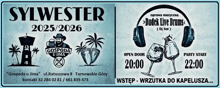 Grafika promocyjna wydarzenia SYLWESTER 2025/2026 — 80/90/00 Hity i inne przeboje (Gospoda u Jima)