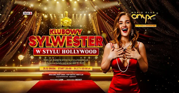 Grafika promocyjna wydarzenia SYLWESTER 2025/2026 – ONYX w klimacie Hollywood‑Glamour