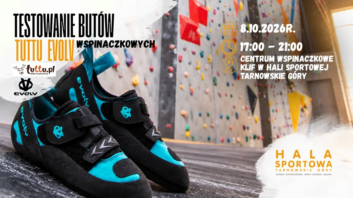 Grafika promocyjna wydarzenia TUTTU EVOLV: test butów wspinaczkowych