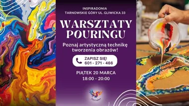 Grafika promocyjna wydarzenia Warsztaty Pouringu vol 2 w Tarnowskich Górach — malowanie płynnymi farbami w Inspiradonii