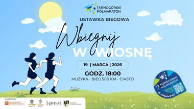 Grafika promocyjna wydarzenia WBIEGNIJ W WIOSNĘ - wiosenna ustawka biegowa w Tarnowskich Górach