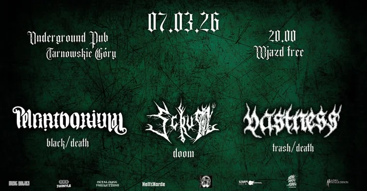 Grafika promocyjna wydarzenia Vastness, Pelgathorium, Scrum — koncerty w Tarnowskich Górach, 7 marca 2026