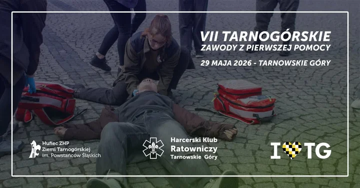Grafika promocyjna wydarzenia VII Tarnogórskie Zawody z Pierwszej Pomocy — praktyka, rywalizacja i emocje