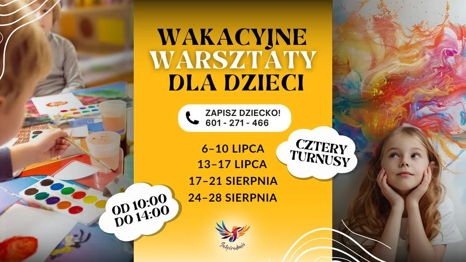Grafika promocyjna wydarzenia Wakacyjne warsztaty pełne przygód dla dzieci w Inspiradonii w Tarnowskich Górach