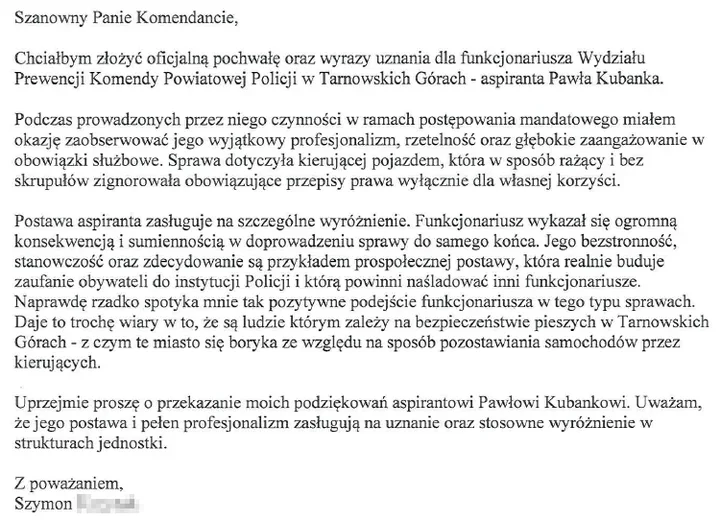 Podziękowania trafiły do komendanta. Mieszkaniec wskazał konkretnego policjanta