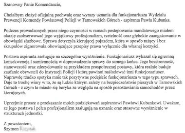 Podziękowania trafiły do komendanta. Mieszkaniec wskazał konkretnego policjanta